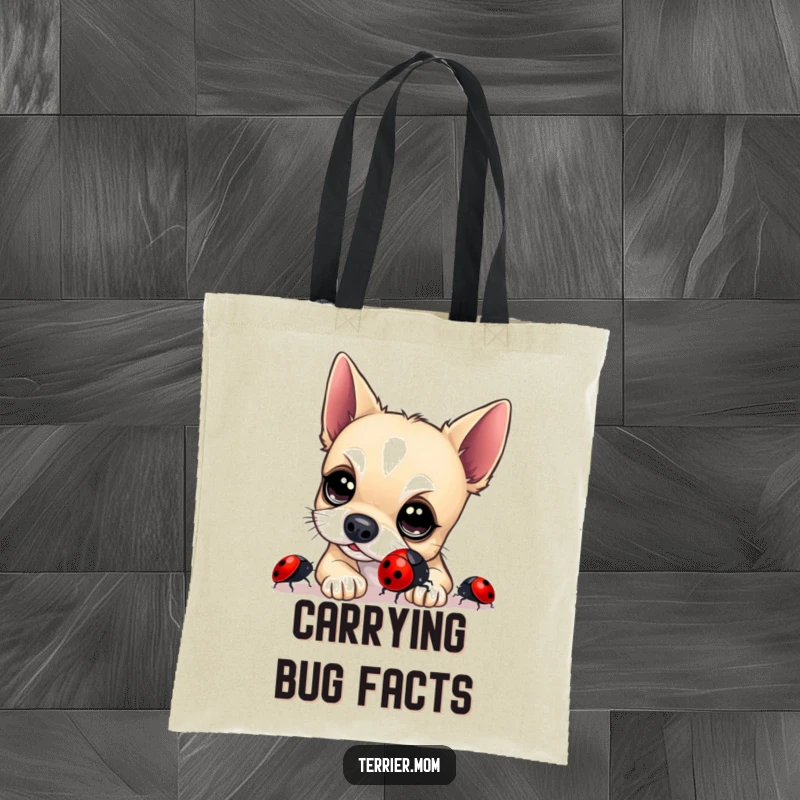 Funny Terrier Tote Bag: A cute terrier with bright, curious eyes is engrossed in examining a shiny ladybug, perfect for errands.
