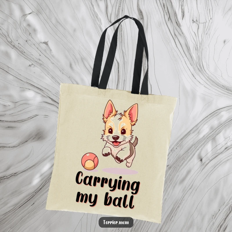 Funny tote bag showcasing a kawaii terrier with perky ears excitedly chasing a bouncing ball, perfect for carrying essentials with personality.