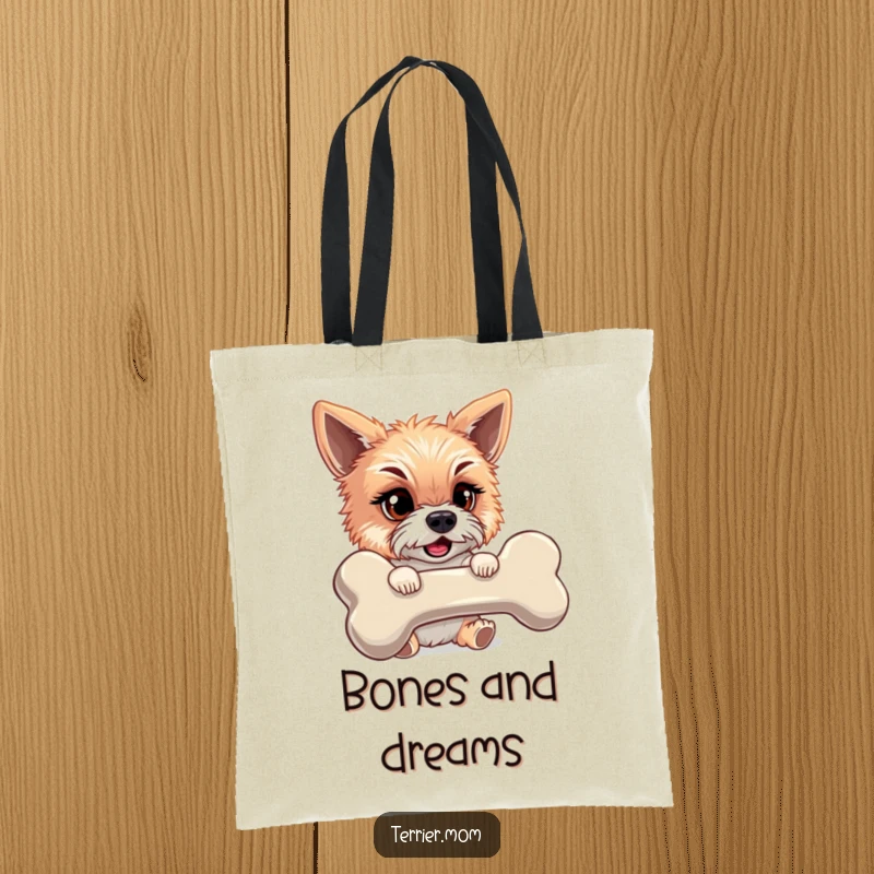 Funny tote bag designed with a mischievous terrier triumphantly carrying a ridiculously enormous bone, showcasing canine cunning.