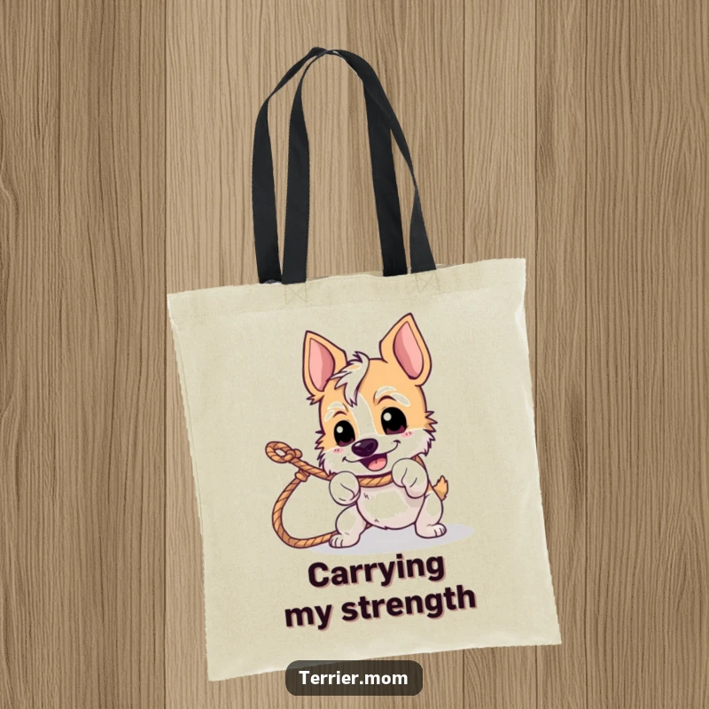 Funny tug-of-war terrier tote bag featuring a happy, determined dog pulling on a rope.