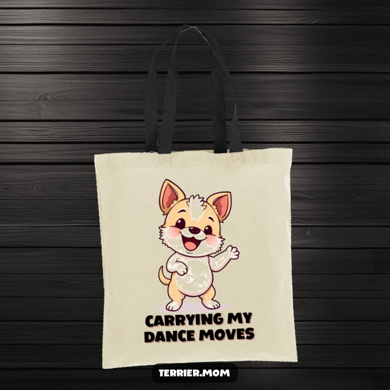 Funny tote bag illustrating an energetic terrier doing a silly wiggle dance, full of joy.