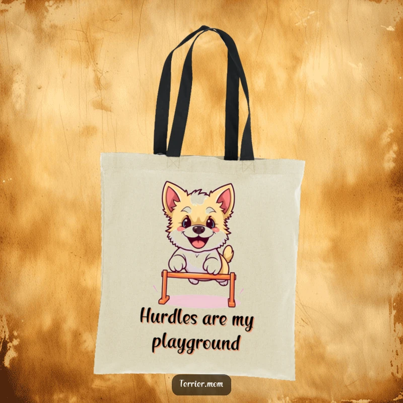 Funny Kawaii Terrier dog tote bag, illustrating the energetic pup leaping over a barrier with a joyful expression and determined spirit.
