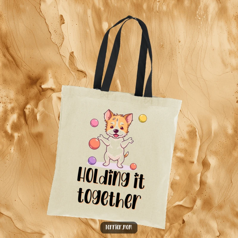 Funny terrier tote bag with a dog clumsily juggling bouncy balls, perfect for carrying items with character.