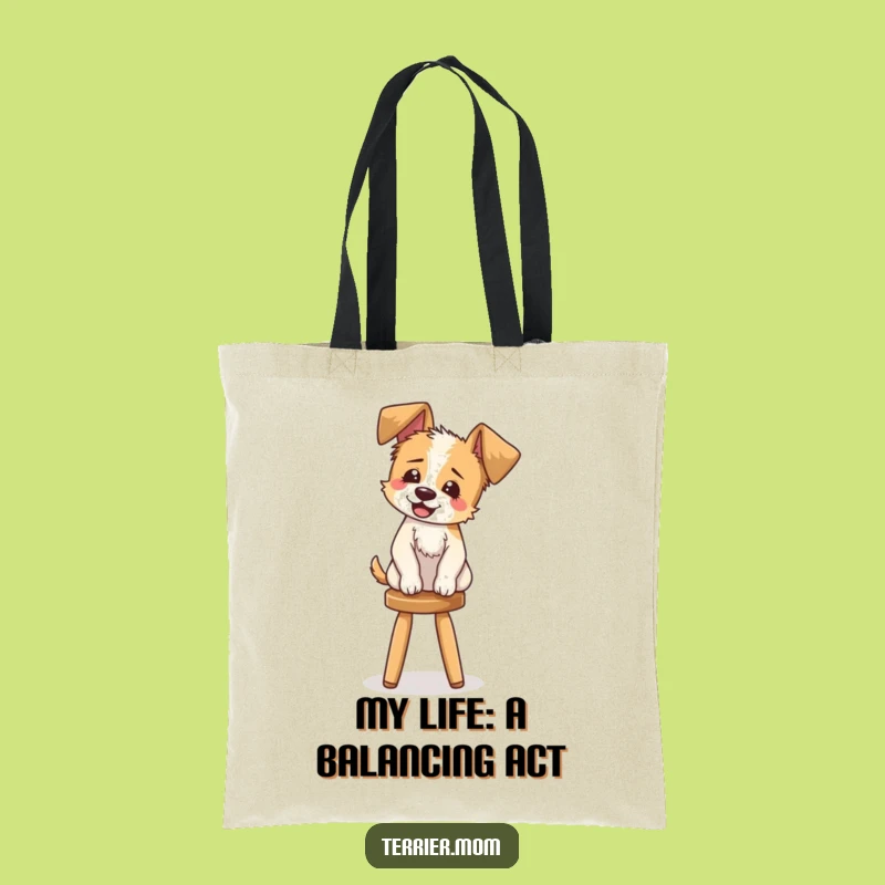 Funny Terrier Tote Bag: Durable bag with a giggling pup balancing, a practical and funny gift.