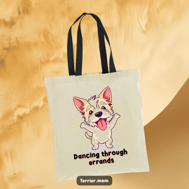 Funny terrier tote bag with a dog dancing wildly with its tongue out, perfect for carrying items with flair.