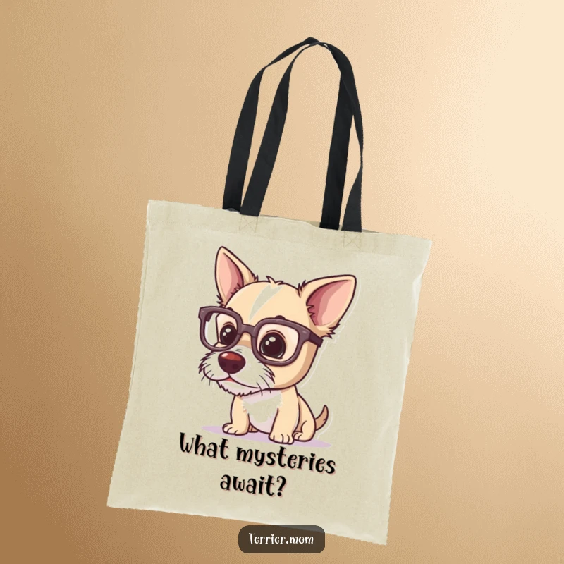 Funny terrier tote bag, a dog with oversized glasses, meticulously inspecting a small item with an air of scholarly inquiry.